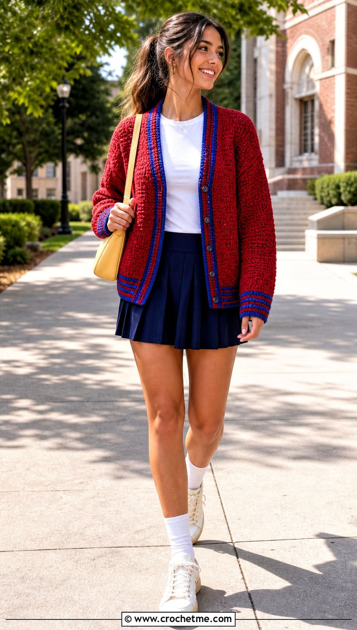 Varsity Crochet Chenille Cardigan With Tennis Skirt - 30 crochet chenille cardigan outfit ideas