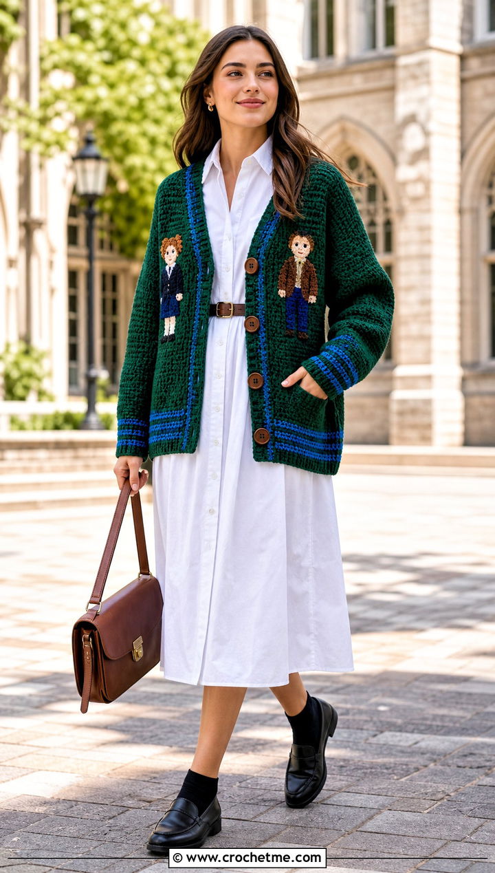 Varsity Crochet Doll Cardigan With Shirt Dress - 30 crochet doll cardigan outfit ideas