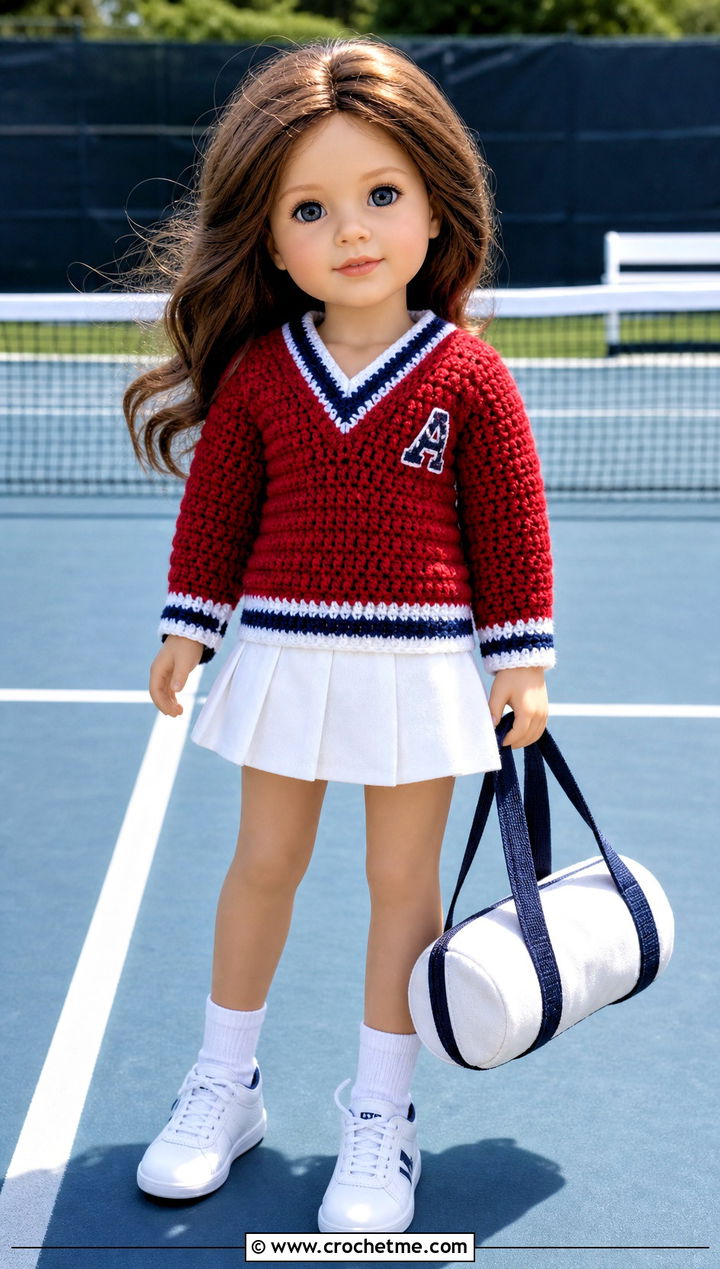 Varsity Crochet Doll Sweater With Tennis Skirt - 20 Crochet Sweater For Dolls outfit ideas