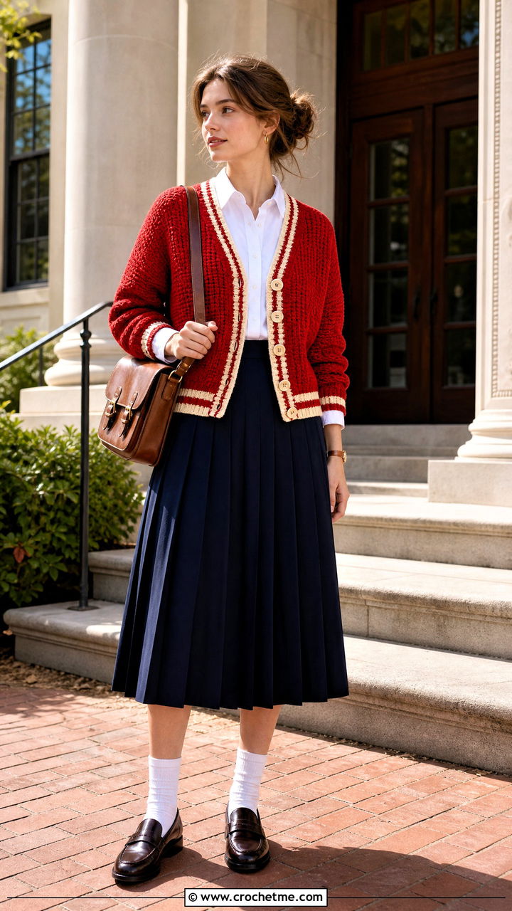 Varsity Crochet Fall Cardigan With Pleated Skirt - 35 crochet fall cardigan outfit ideas