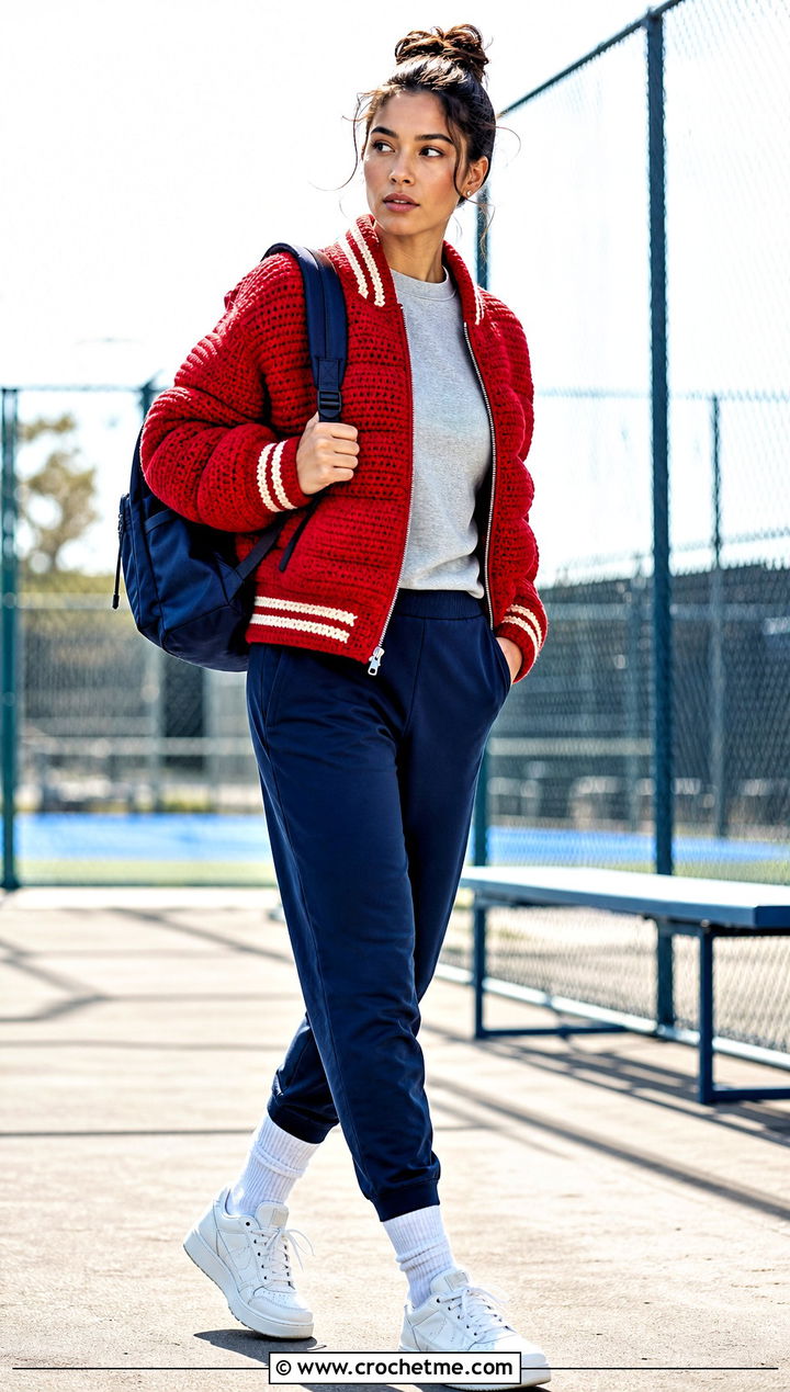 Varsity Crochet Puffer Jacket With Joggers - 35 crochet puffer jacket outfit ideas