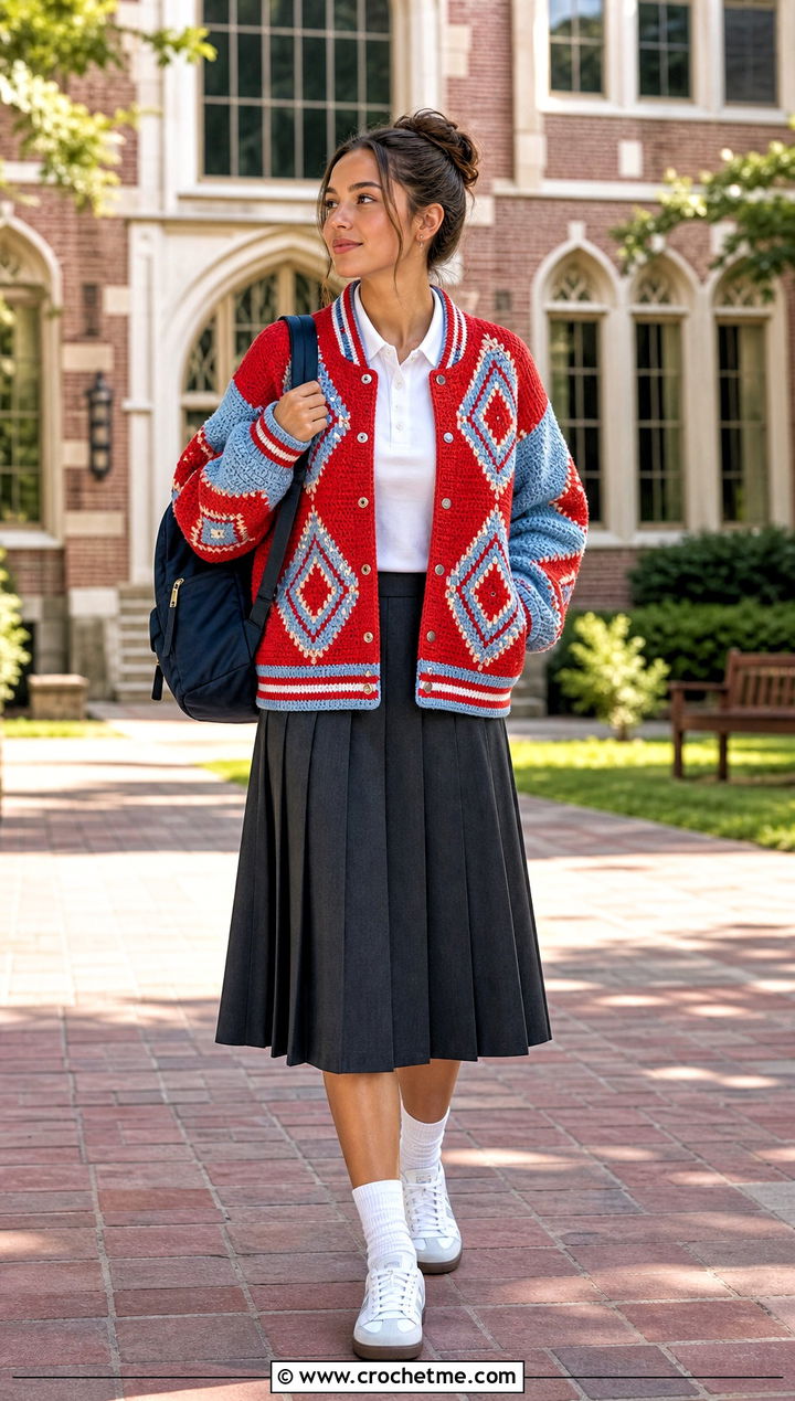 Varsity Howls Crochet Jacket With Pleated Skirt - 25 Howls Crochet Jacket outfit ideas