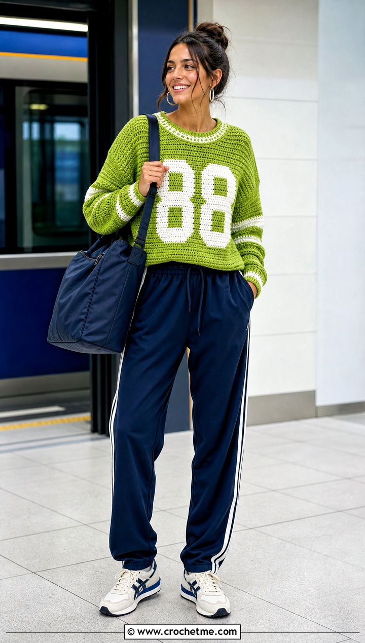 Varsity Number Crochet Graphic Sweater With Track Pants - 30 crochet graphic sweater outfit ideas