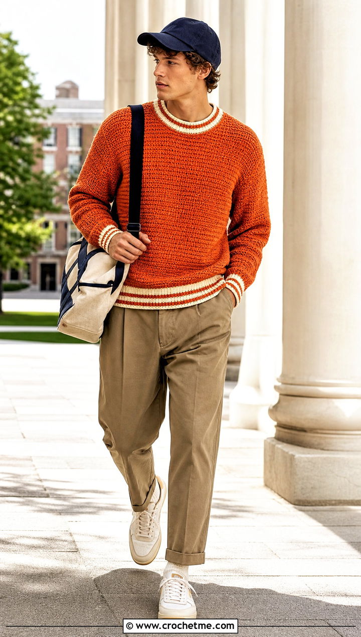 Varsity Stripe Crochet Jumper With Pleated Chinos - 35 men crochet jumper outfit ideas