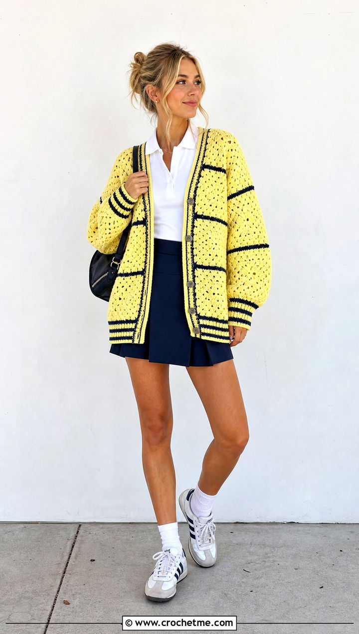 Varsity Stripe Oversized Granny Square Cardigan With Tennis Skirt - 25 Oversized Granny Square Cardigan outfit ideas