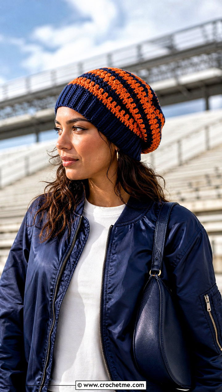 Varsity Stripe Slouchy Crochet Beanie With Bomber Jacket - 15 Striped Slouchy Crochet Beanie outfit ideas