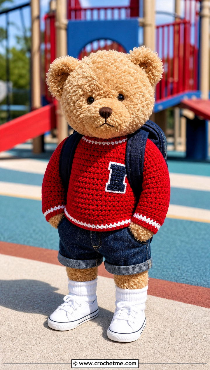 Varsity Toy Sweater With Denim Shorts - 25 Crochet Sweater For Toy outfit ideas