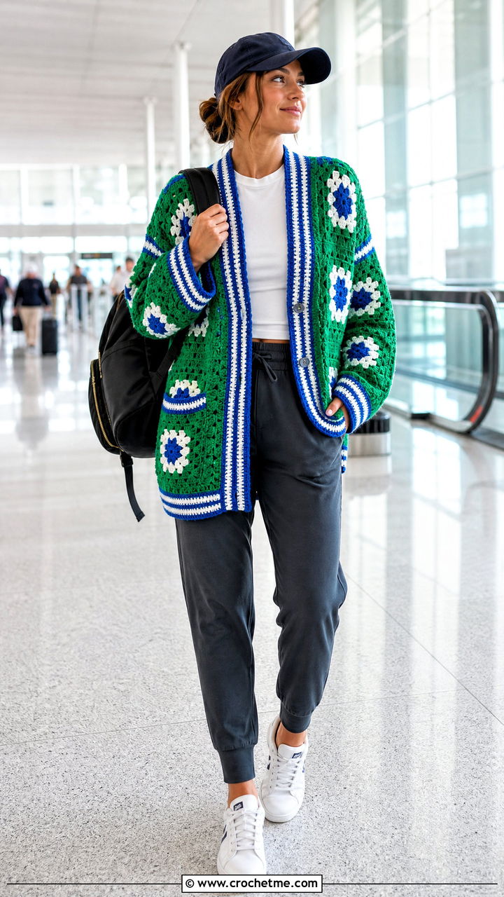 Varsity Trim Big Granny Square Cardigan With Joggers - 35 Big Granny Square Cardigan outfit ideas