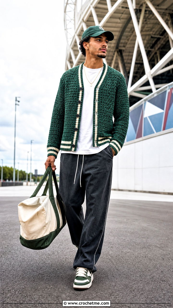 Varsity Trim Crochet Cardigan With Track Jeans - 35 crochet cardigan men outfit ideas