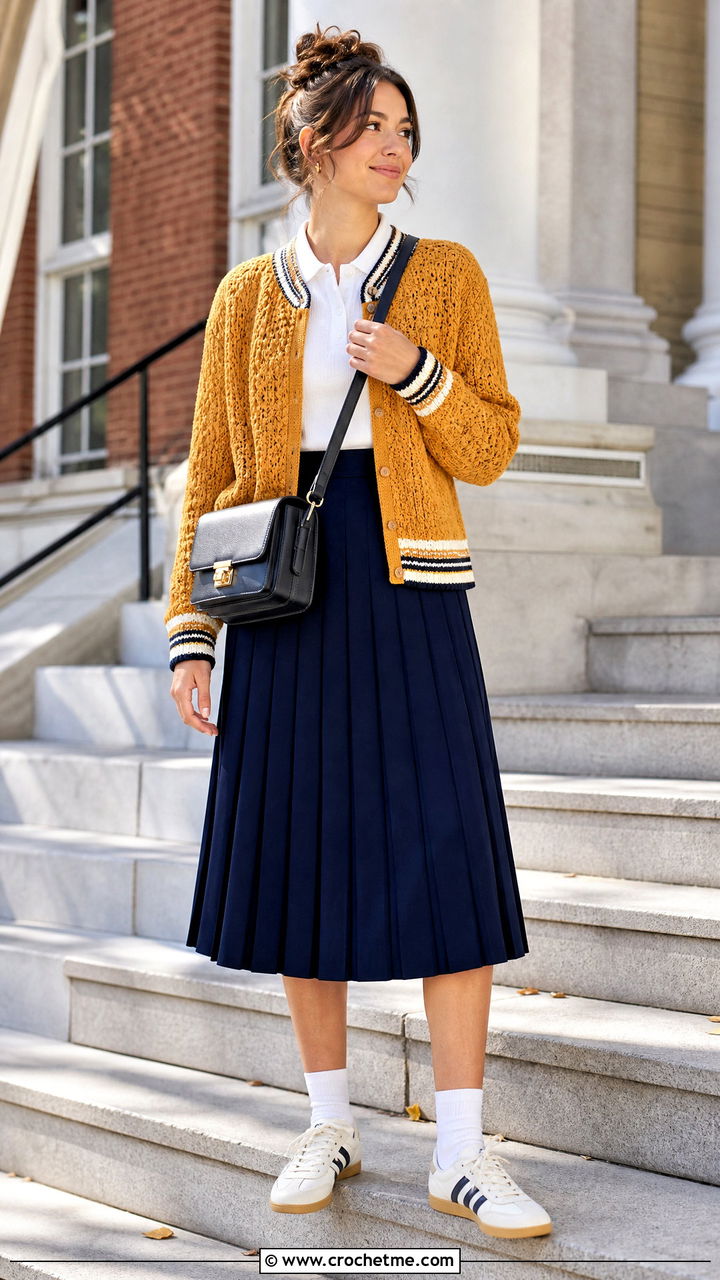 Varsity Trim Crochet Folklore Cardigan With Pleated Skirt - 35 crochet folklore cardigan outfit ideas