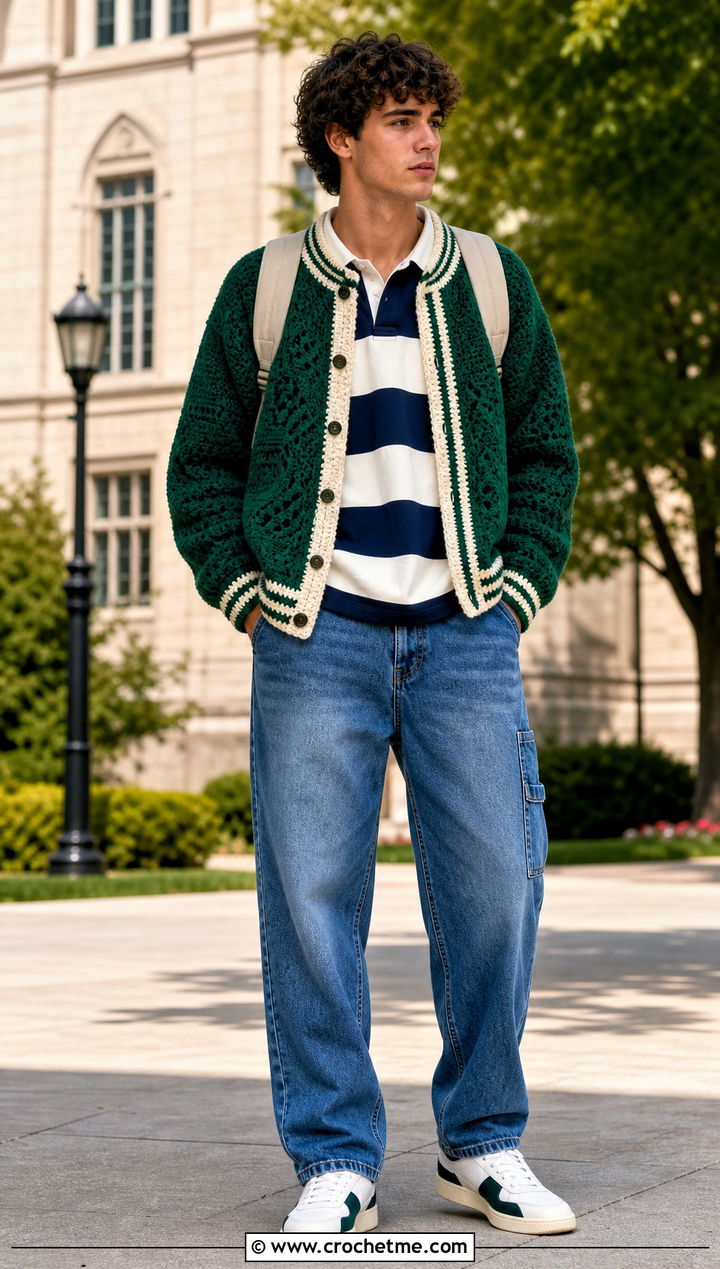 Varsity Trim Hexagon Crochet Cardigan With Rugby Shirt - 35 men hexagon crochet cardigan outfit ideas