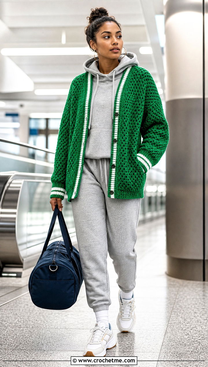 Varsity Trim Hexi Cardigan With Hoodie And Joggers - 35 crochet hexi cardigan outfit ideas