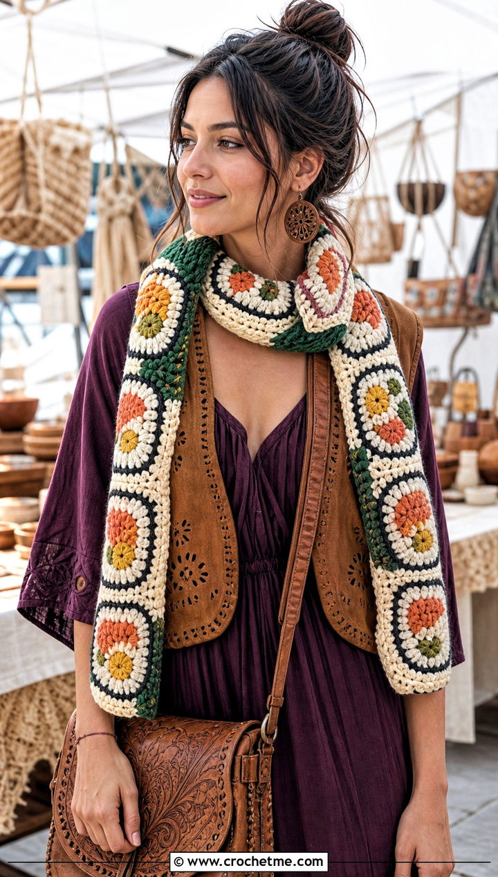 Veggie Roll Crochet Sushi Scarf With Boho Maxi Dress - 30 crochet sushi scarf outfit ideas