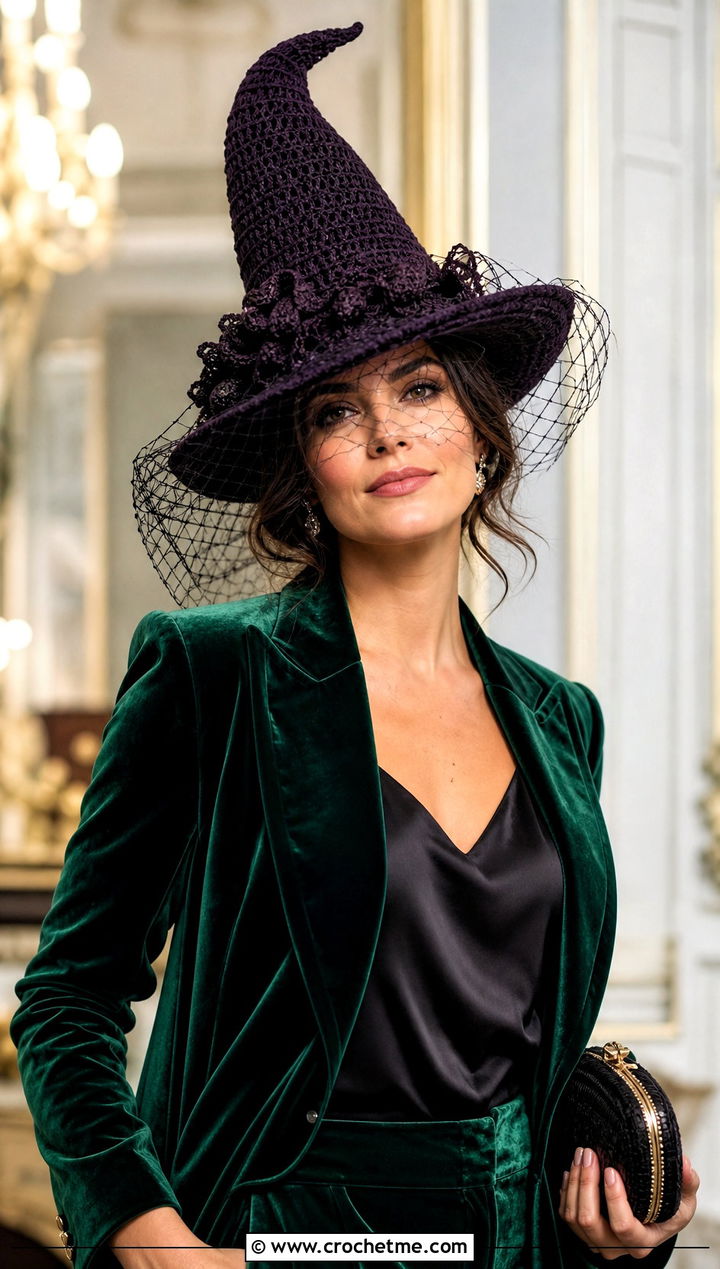 Veil Trimmed Crochet Elphaba Hat With Velvet Suit - 20 Crochet Elphaba Hat outfit ideas