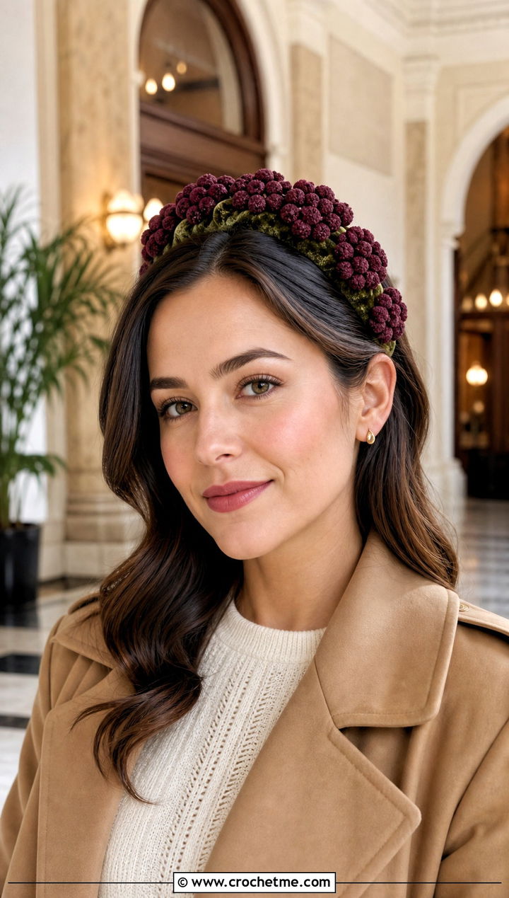 Velvet Backed Puff Flower Headband With Old Money Outfit - 25 crochet puff flower headband outfit ideas