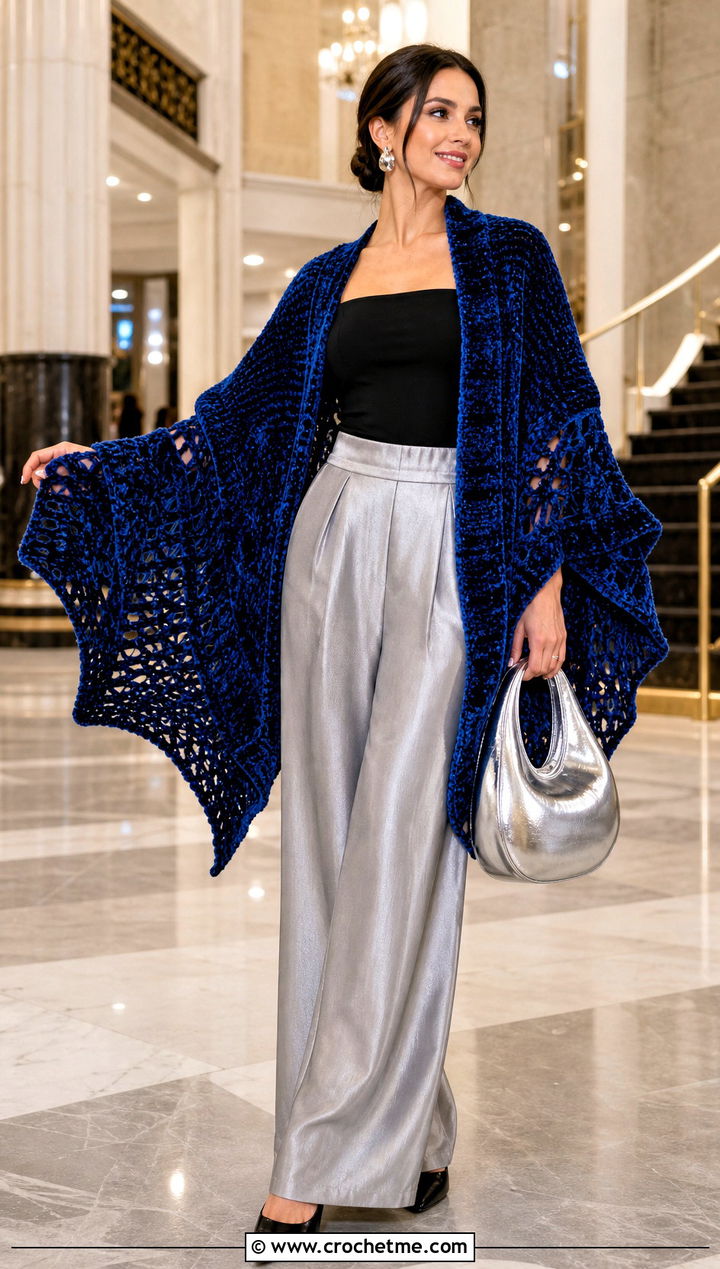 Velvet Bat Wing Crochet Shawl With Satin Trousers - 25 bat wing crochet shawl outfit ideas