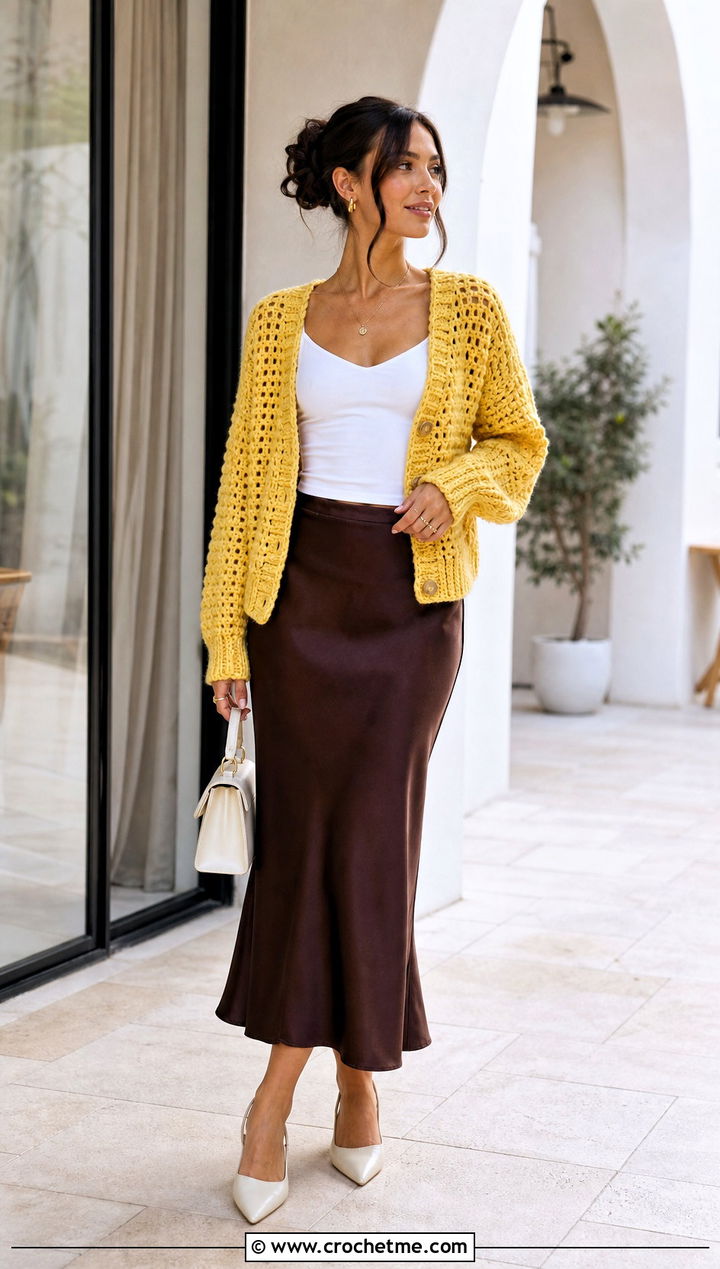 Velvet Crochet Cardigan With Satin Slip Skirt - 25 velvet crochet clothes and outfit ideas
