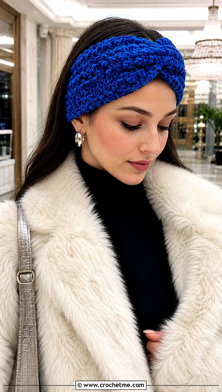 Velvet Crochet Headband With Faux Fur Coat - 30 quick crochet headband outfit ideas