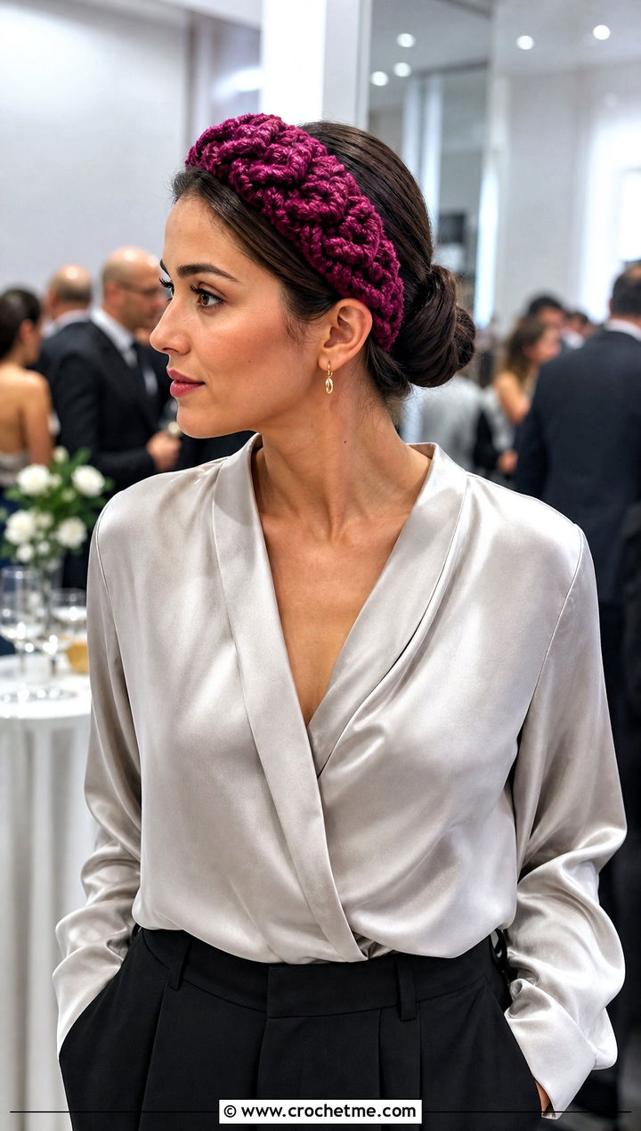 Velvet Crochet Headband With Satin Blouse And Trousers - 30 simple crochet head bands outfit ideas