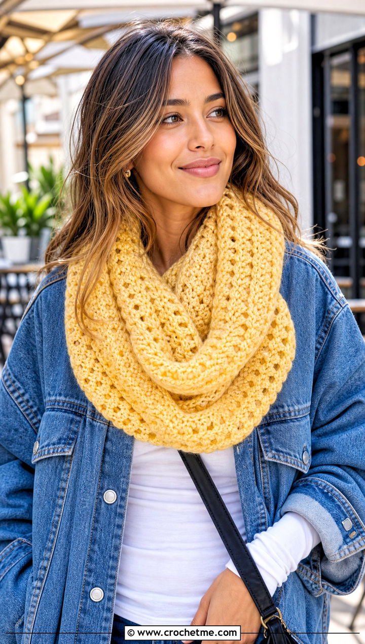 Velvet Crochet Infinity Scarf With Denim Jacket - 25 Velvet Crochet Scarf outfit ideas