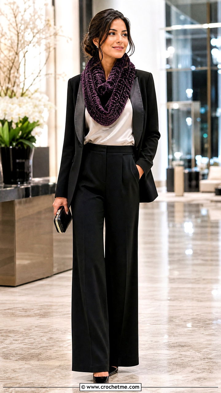 Velvet Crochet Infinity Scarf With Evening Suit - 35 crochet infinity scarf outfit ideas