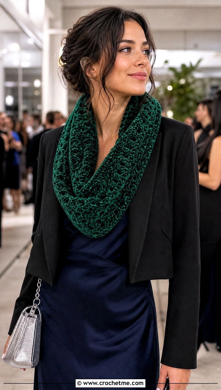 Velvet Crochet Infinity Scarf With Satin Dress - 30 easy crochet infinity scarf outfit ideas