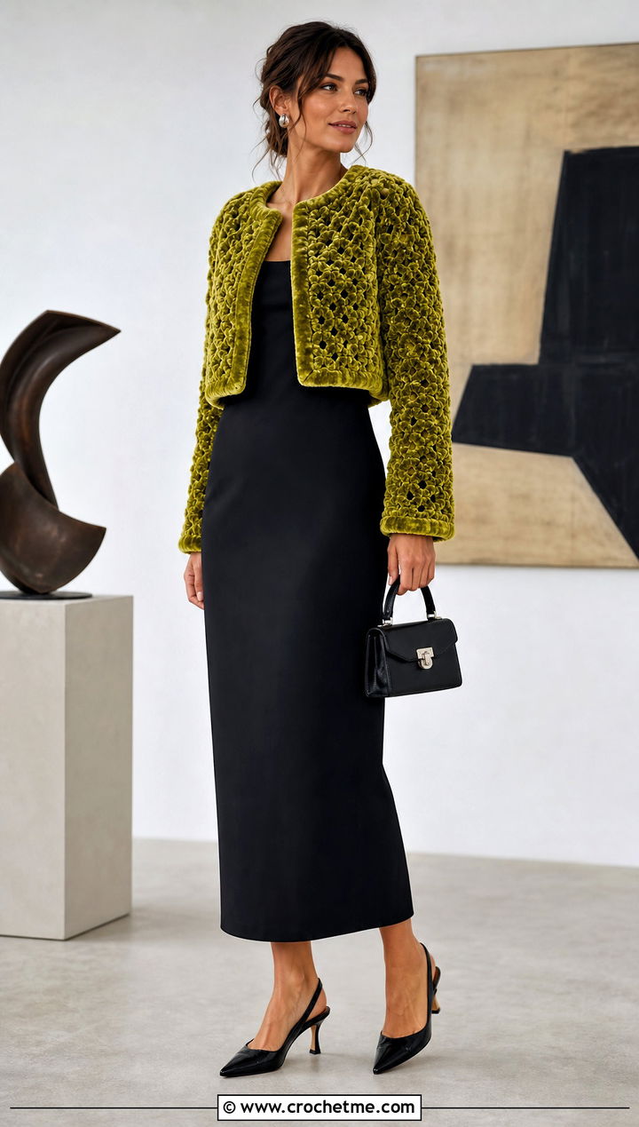 Velvet Crochet Jacket With Column Dress - 25 velvet crochet clothes and outfit ideas