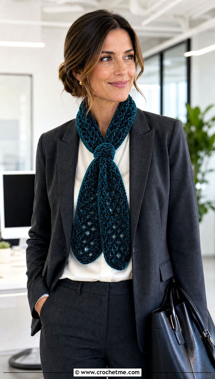 Velvet Crochet Keyhole Scarf With Blazer - 25 Velvet Crochet Scarf outfit ideas