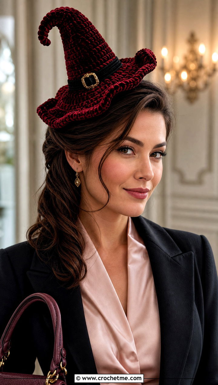 Velvet Crochet Mini Witch Hat With Satin Blouse - 25 Crochet Mini Witch Hat outfit ideas