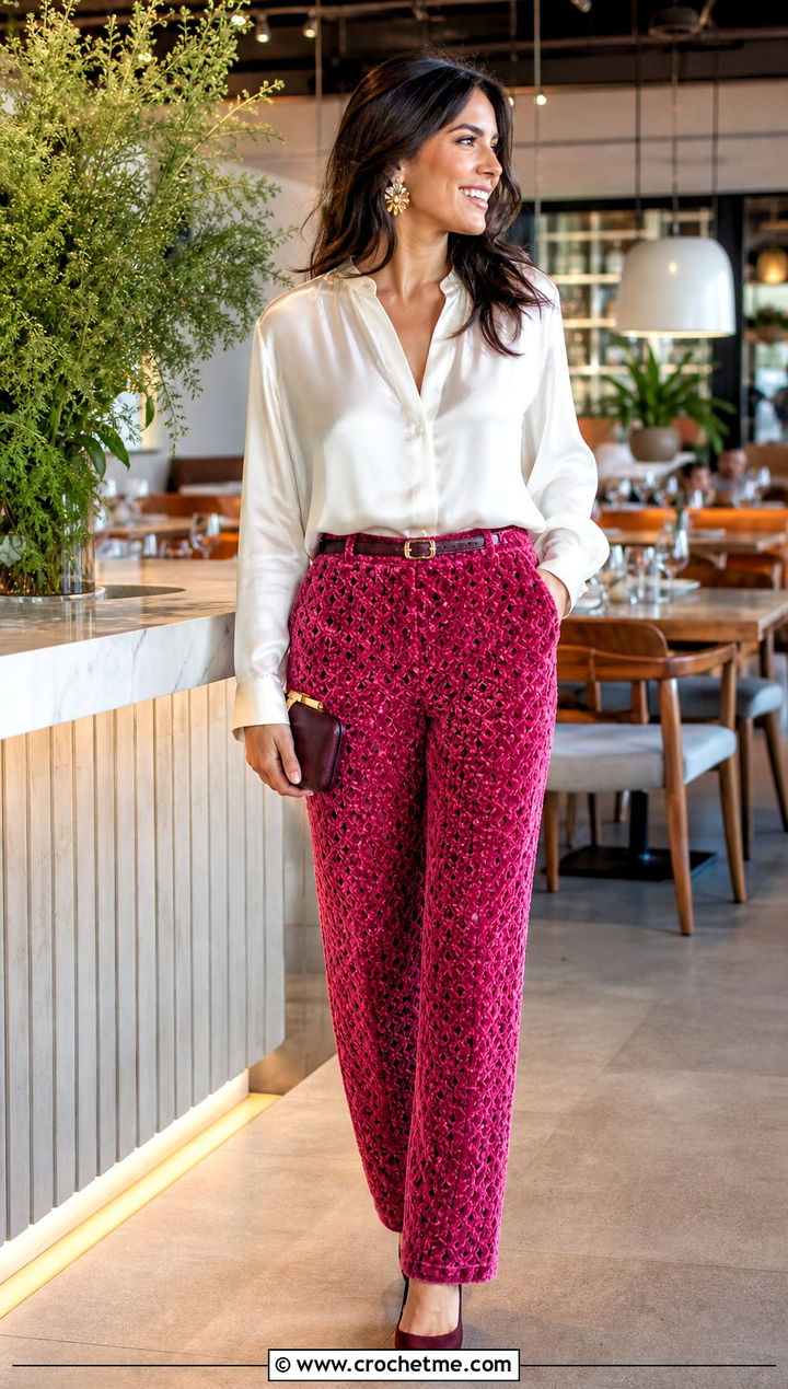 Velvet Crochet Pants With Silk Blouse - 25 velvet crochet clothes and outfit ideas