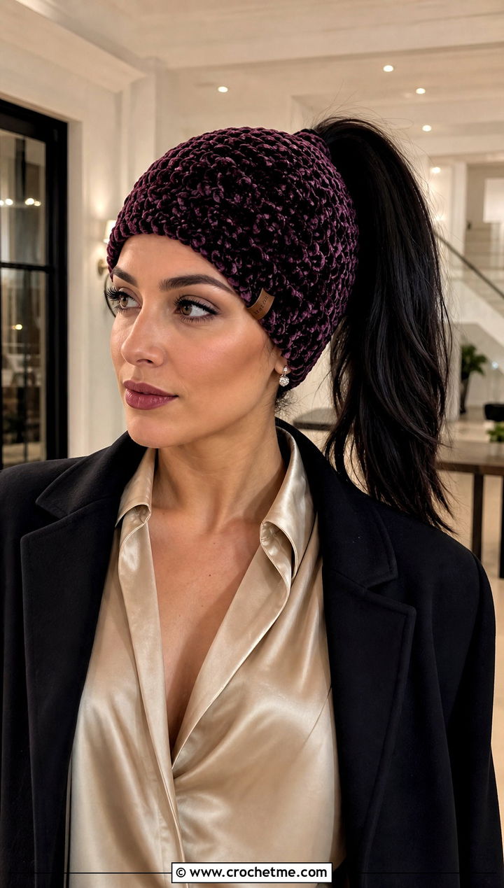 Velvet Crochet Ponytail Beanie With Satin Blouse And Trousers - 30 crochet beanie with ponytail hole outfit ideas