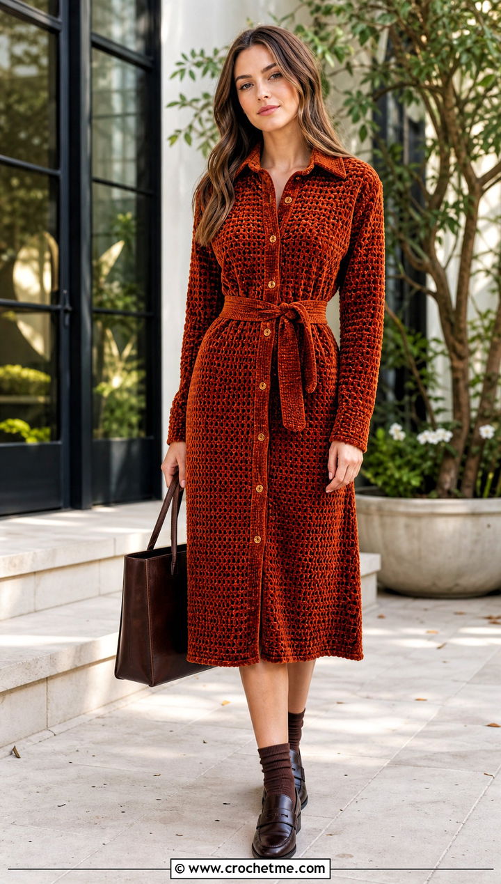 Velvet Crochet Shirt Dress With Loafers - 25 velvet crochet clothes and outfit ideas