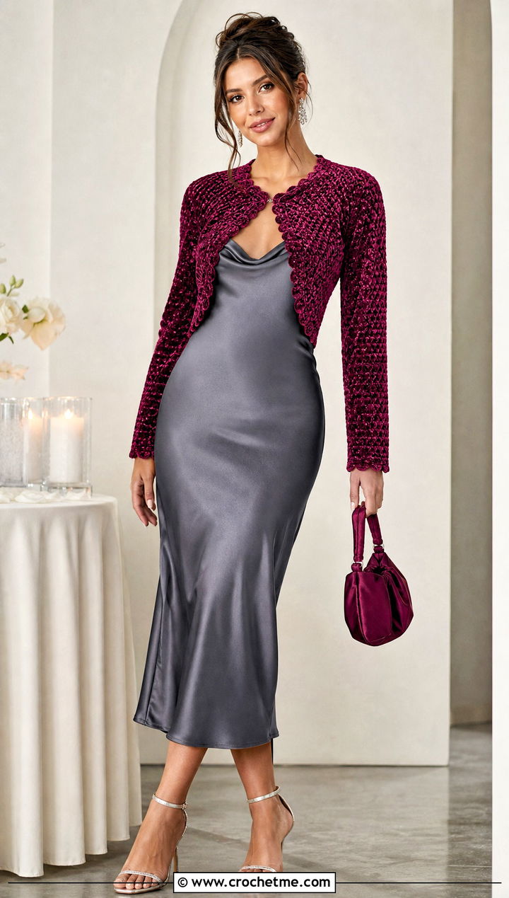 Velvet Crochet Shrug With Slip Dress - 25 velvet crochet clothes and outfit ideas