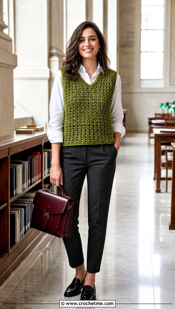 Velvet Crochet Sweater Vest With Button Down Shirt - 30 velvet crochet sweater outfit ideas