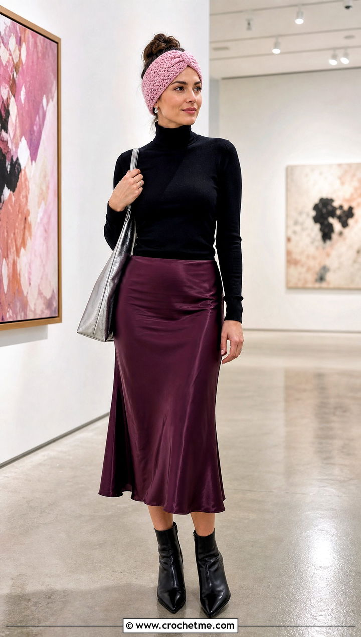 Velvet Crochet Twisted Ear Warmer With Satin Midi Skirt - 35 crochet twisted ear warmer outfit ideas