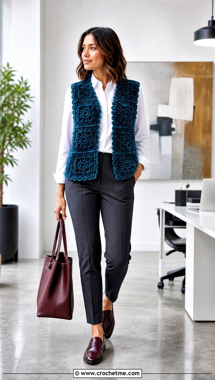 Velvet Crochet Vest With White Button Down Shirt - 25 velvet crochet clothes and outfit ideas