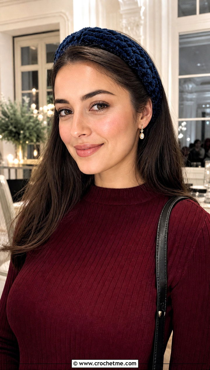 Velvet Elastic Crochet Headband With a Knit Dress - 25 Crochet Headbands With Elastic outfit ideas