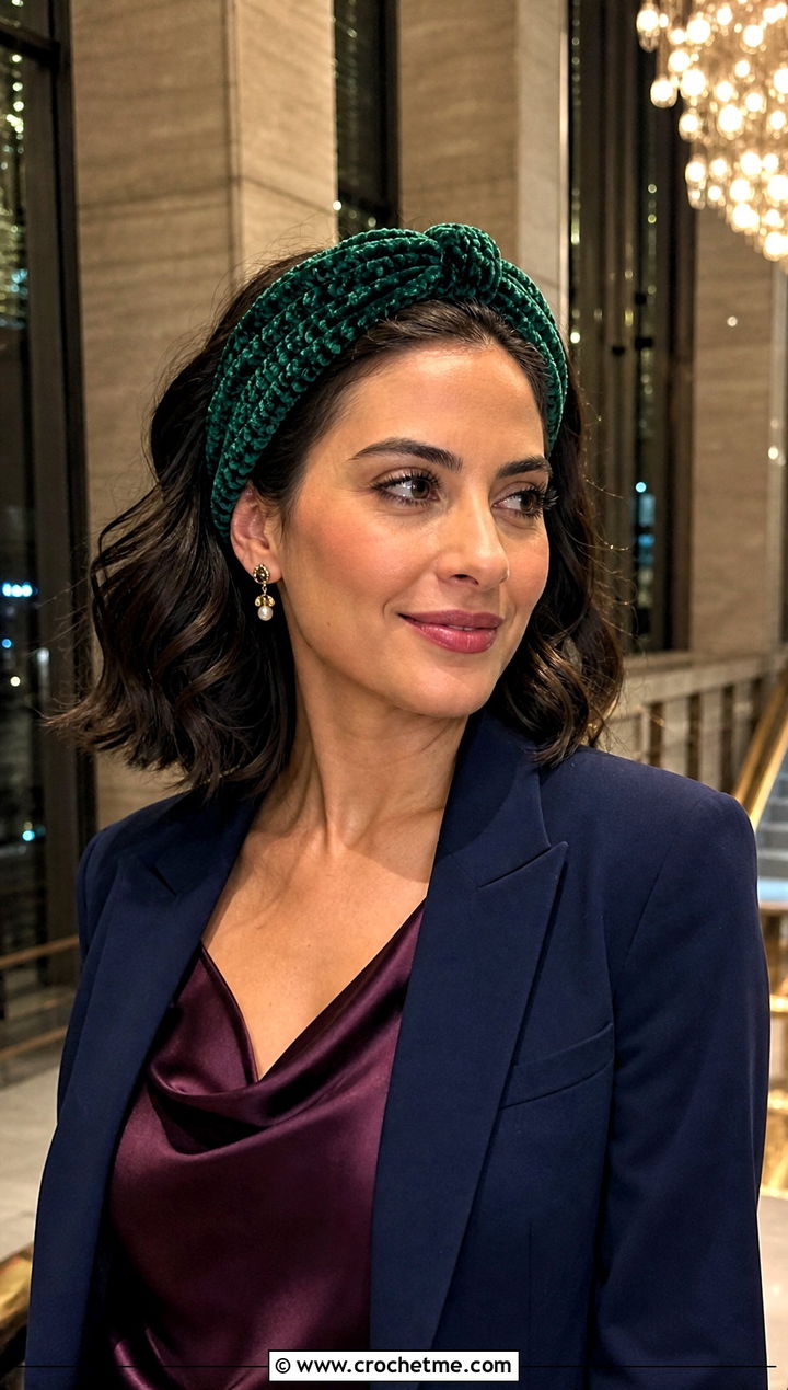 Velvet Green Crochet Headband With Trouser Suit And Pumps - 30 green crochet headband outfit ideas