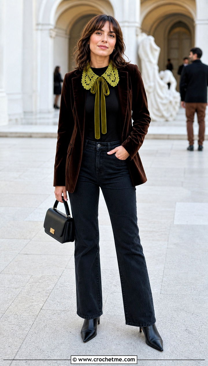 Velvet Ribbon Crochet Peter Pan Collar With Velvet Blazer And Jeans - 35 crochet peter pan collar outfit ideas