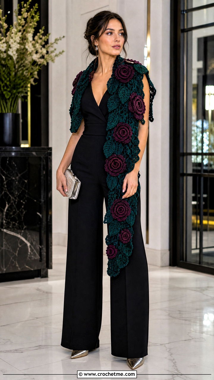 Velvet Rose Crochet Scarf With Evening Jumpsuit And Heels - 35 crochet flower scarf outfit ideas