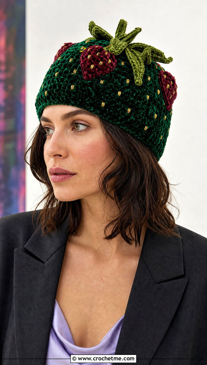 Velvet Strawberry Beanie With Trouser Suit - 30 Crochet Strawberry Beanie outfit ideas