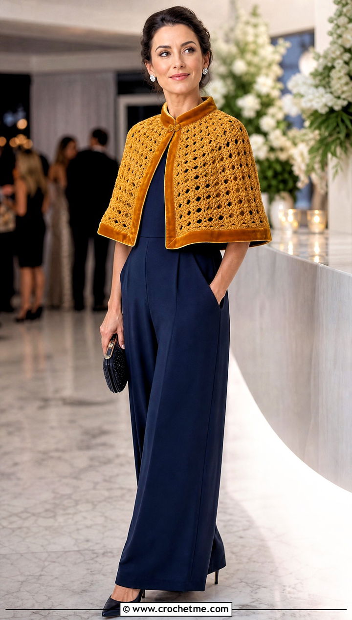 Velvet Trim Crochet Capelet With Jumpsuit And Pumps - 25 Victorian Crochet Shawl outfit ideas
