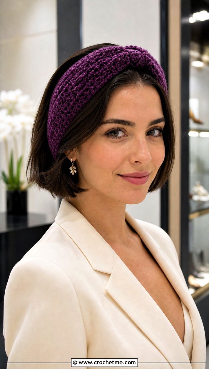 Velvet Yarn Crochet Headband With Blazer Dress - 25 crochet headband for short hair outfit ideas