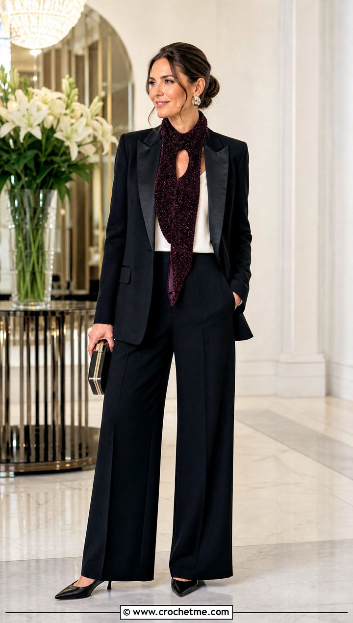 Velvet Yarn Crochet Keyhole Scarf With Tuxedo Blazer - 35 crochet keyhole scarf outfit ideas