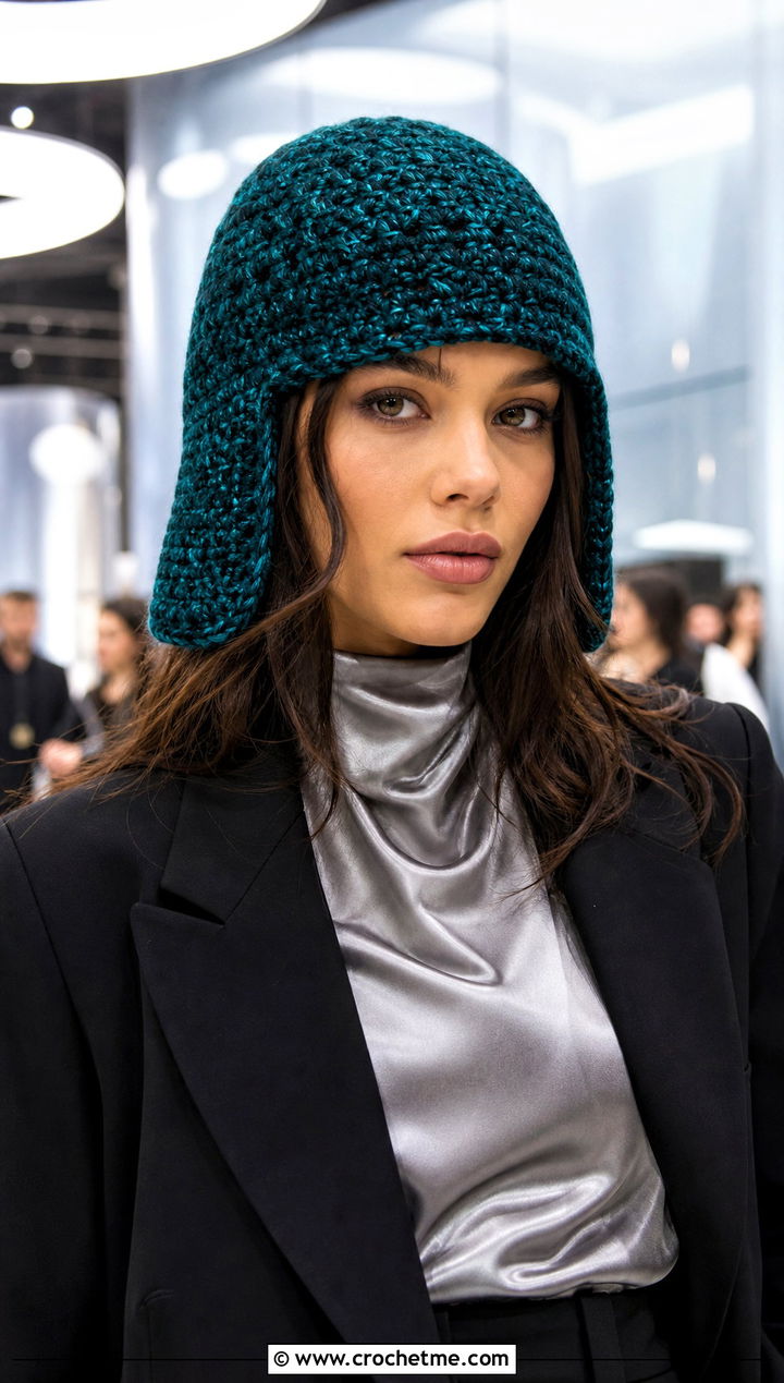Velvet Yarn Crochet Russian Hat With Evening Suit - 35 crochet russian hat outfit ideas
