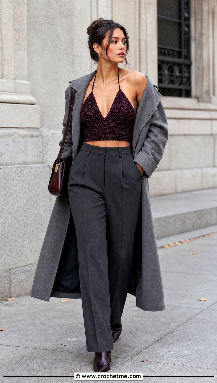 Velvet Yarn Crochet Triangle Top With Tailored Trousers - 35 crochet triangle top outfit ideas