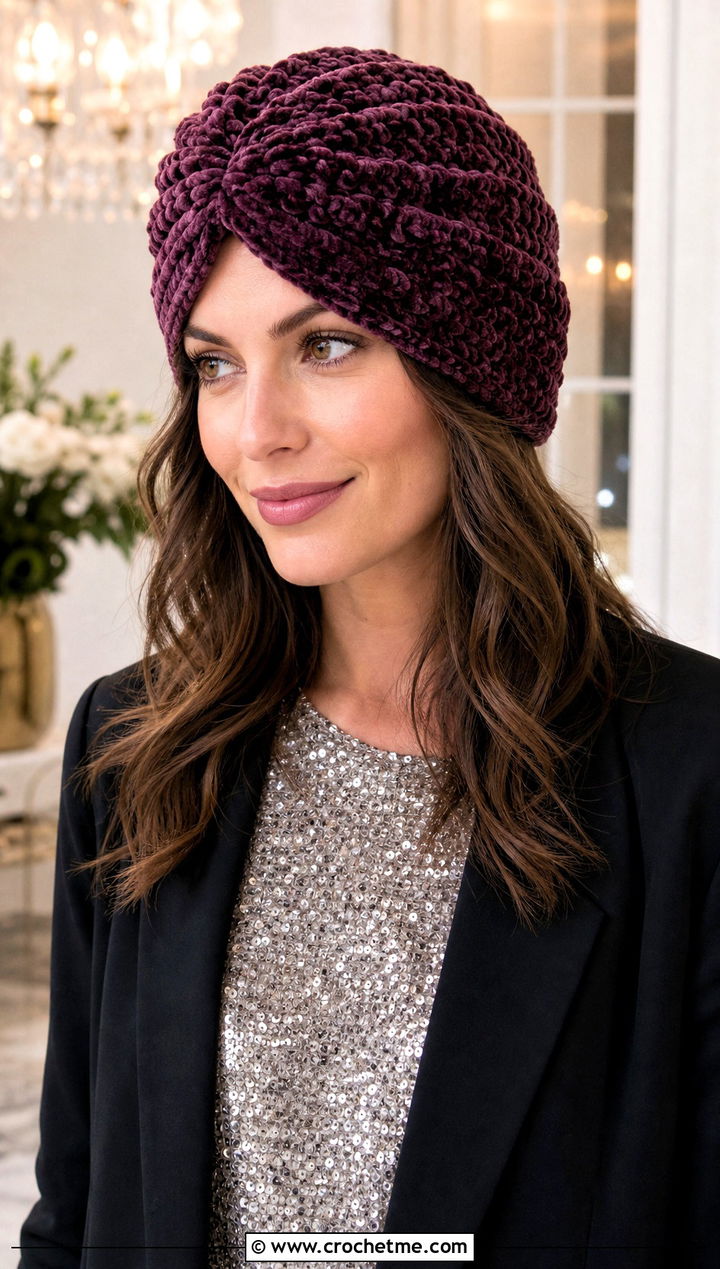 Velvet Yarn Crochet Turban Hat With Sequin Top And Trousers - 35 crochet turban hat outfit ideas