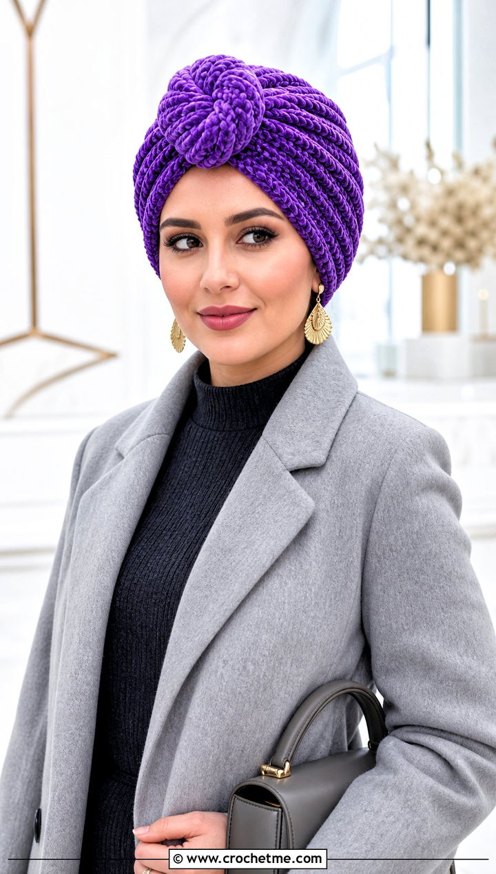 Velvet Yarn Crochet Turban With Knit Dress - 35 crochet headwrap outfit ideas