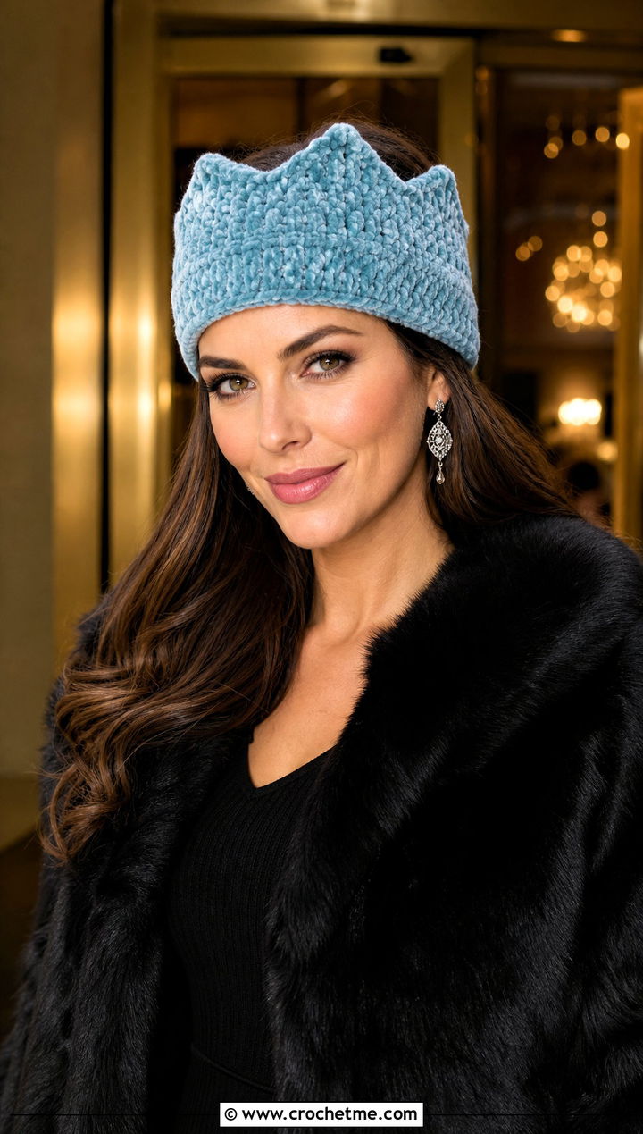 Velvet Yarn Crown Ear Warmer With Faux Fur Coat And Black Dress - 25 crochet crown ear warmer outfit ideas
