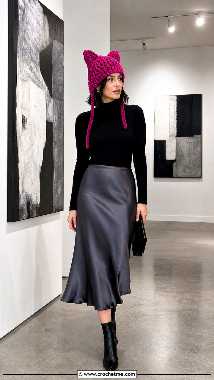 Velvet Yarn Finn Hat With Satin Slip Skirt - 35 crochet finn hat outfit ideas